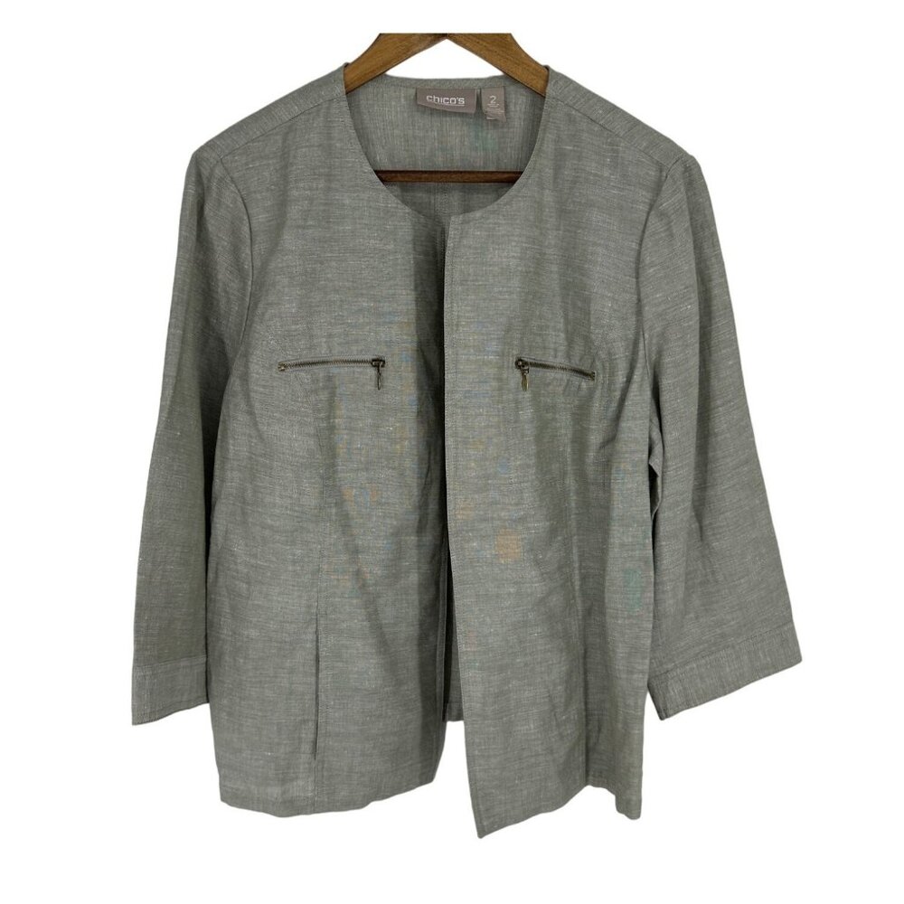 Chico's 3/4 Sleeve Open Front Foiled Linen Jacket Size 2 US L